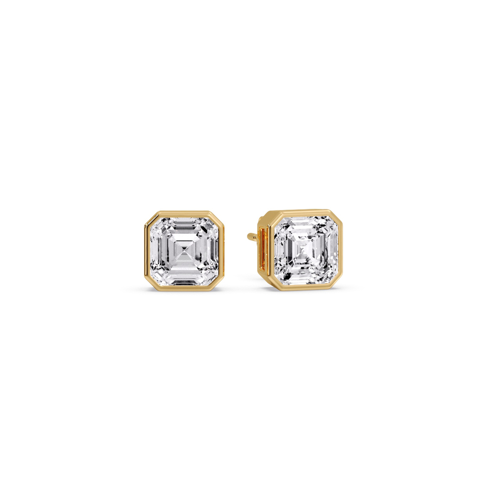 One Carat Asscher Cut Diamond Bezel Stud Earring with 14K Yellow Gold White Diamond