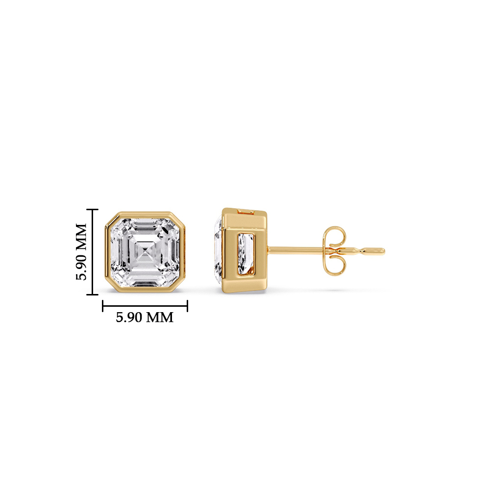 One Carat Asscher Cut Diamond Bezel Stud Earring with 14K Yellow Gold White Diamond