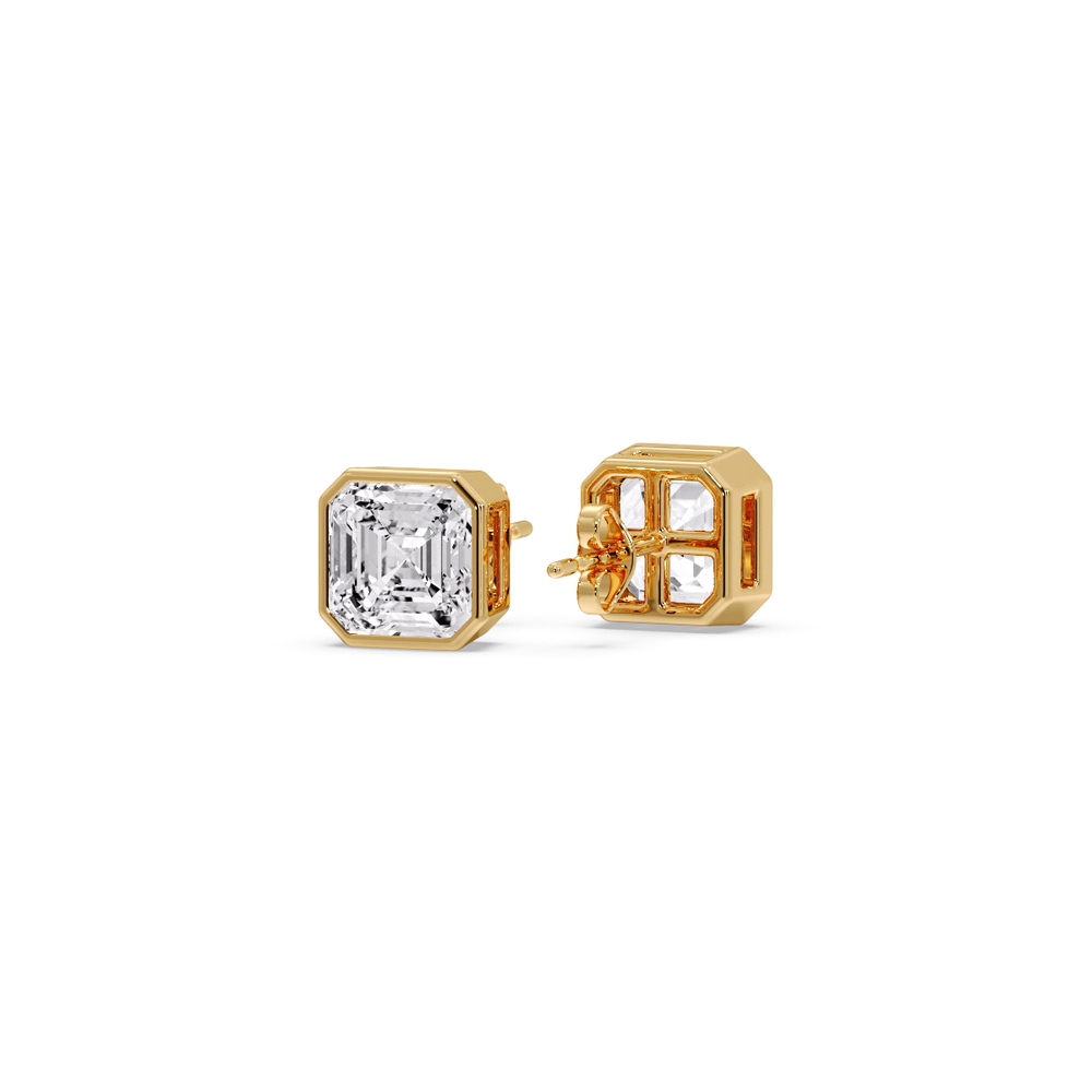 One Carat Asscher Cut Diamond Bezel Stud Earring with 14K Yellow Gold White Diamond