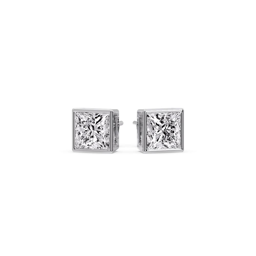 Stylish Princess Bezel Diamond Studs with 14K White Gold White Diamond