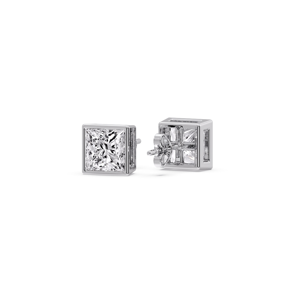 Stylish Princess Bezel Diamond Studs with 14K White Gold White Diamond