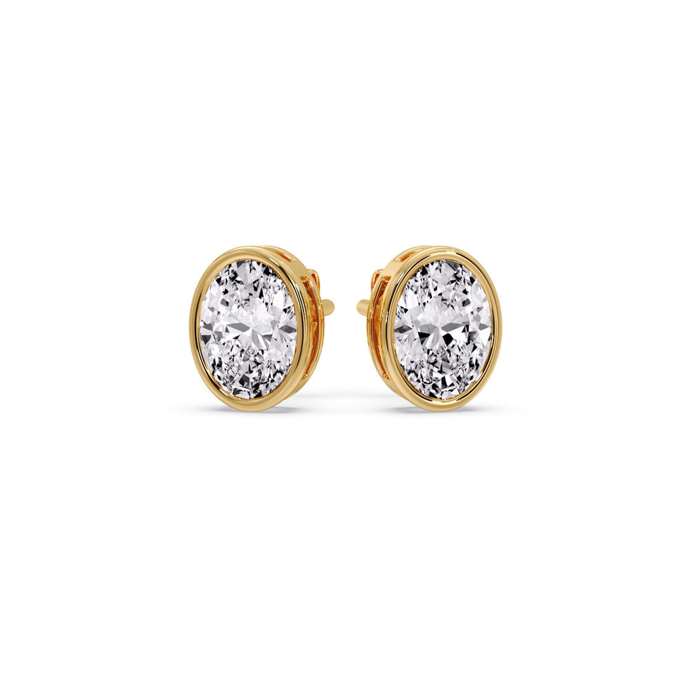 Oval Diamond Bezel Stud Earring 1.50 Carat with 14K Yellow Gold White Diamond