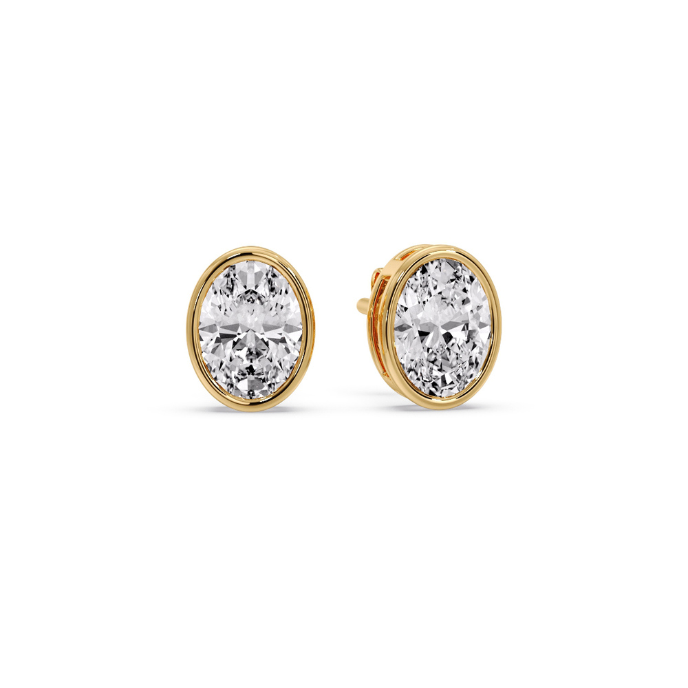 Oval Diamond Bezel Stud Earring 1.50 Carat with 14K Yellow Gold White Diamond