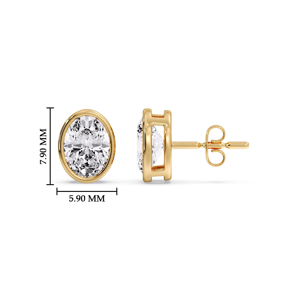 Oval Diamond Bezel Stud Earring 1.50 Carat with 14K Yellow Gold White Diamond