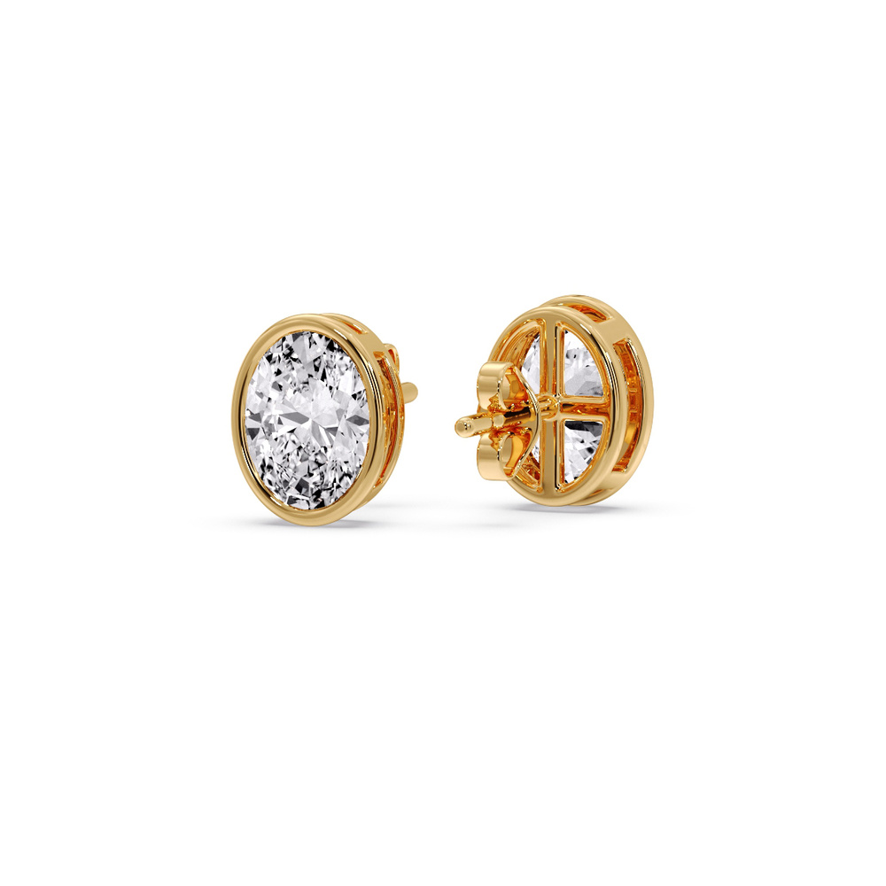 Oval Diamond Bezel Stud Earring 1.50 Carat with 14K Yellow Gold White Diamond