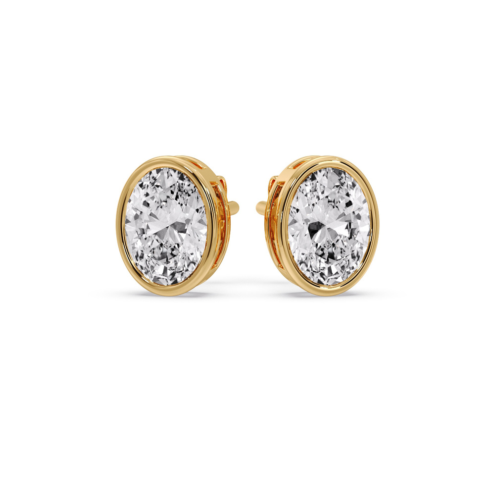 Oval Diamond Bezel Stud Earring 4 Carat with 14K Yellow Gold White Diamond