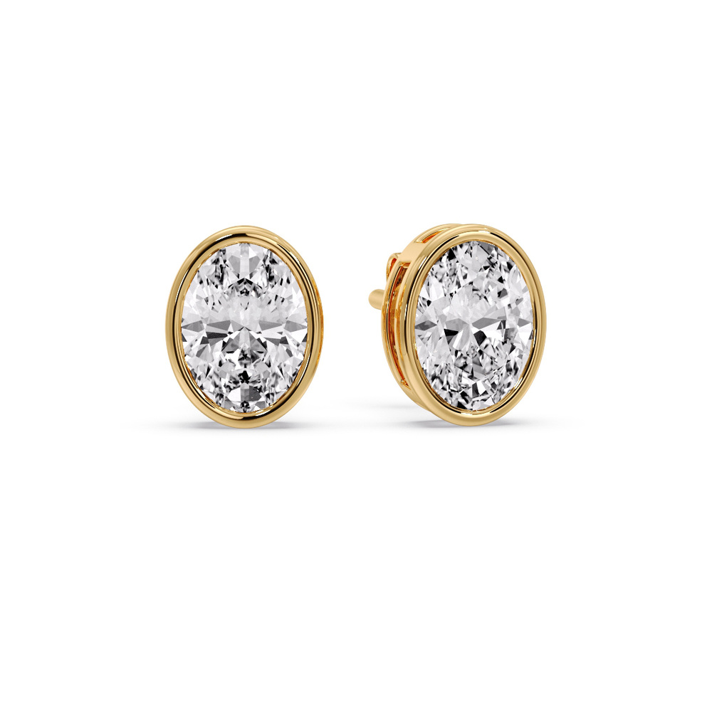 Oval Diamond Bezel Stud Earring 4 Carat with 14K Yellow Gold White Diamond