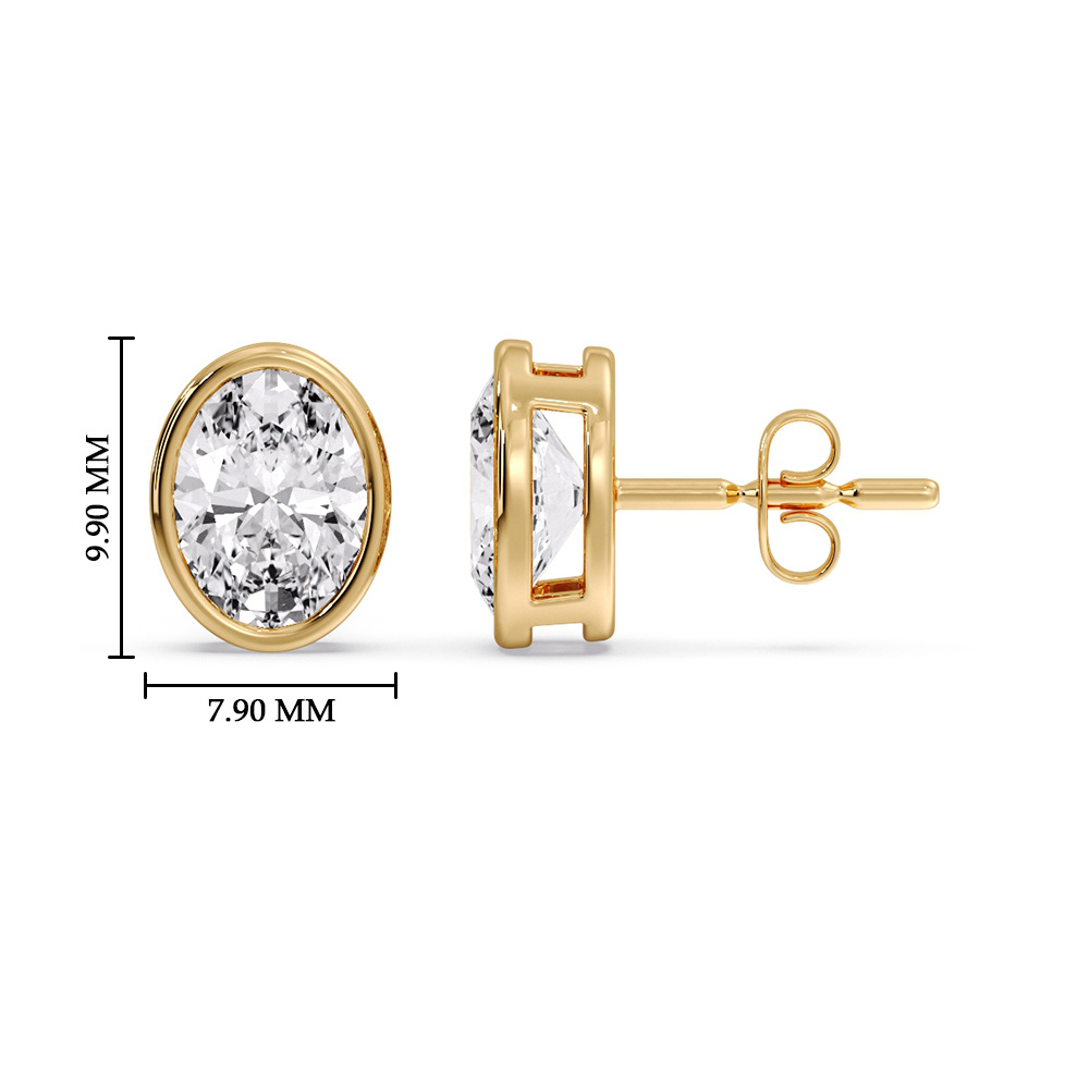 Oval Diamond Bezel Stud Earring 4 Carat with 14K Yellow Gold White Diamond