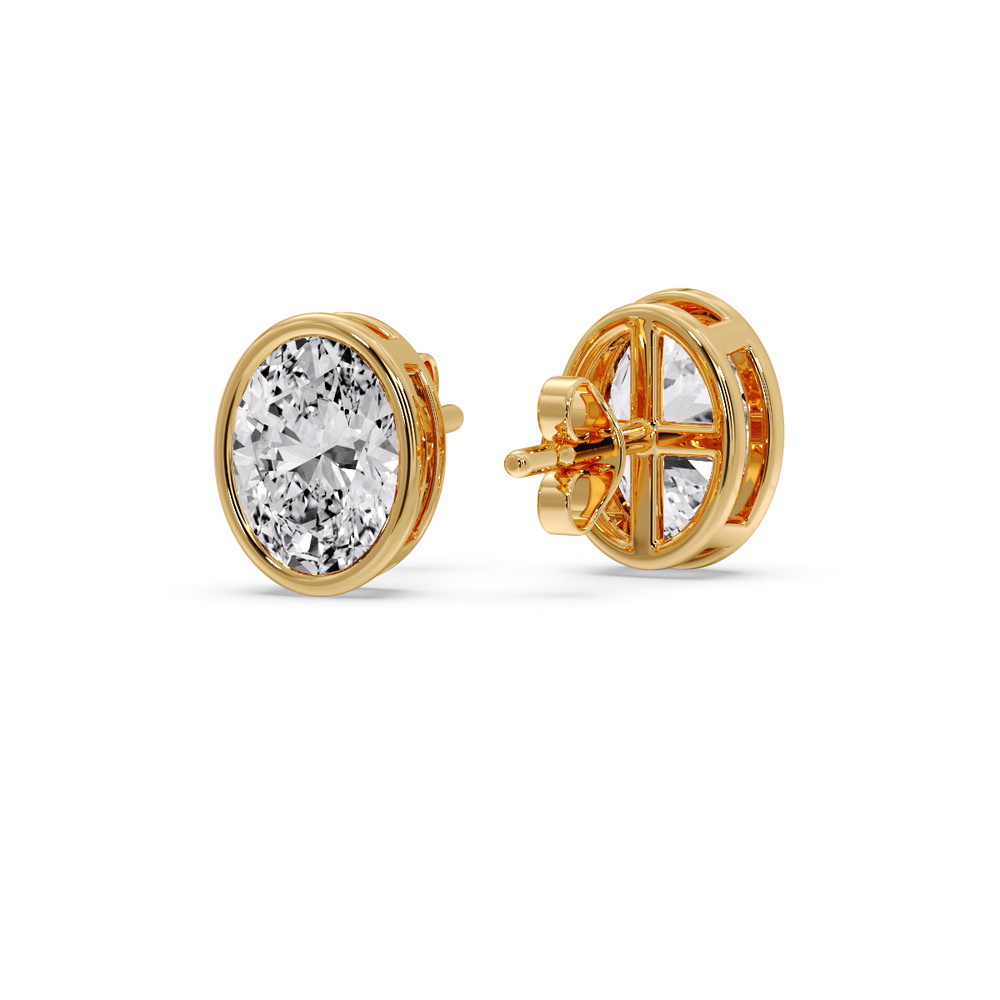 Oval Diamond Bezel Stud Earring 4 Carat with 14K Yellow Gold White Diamond