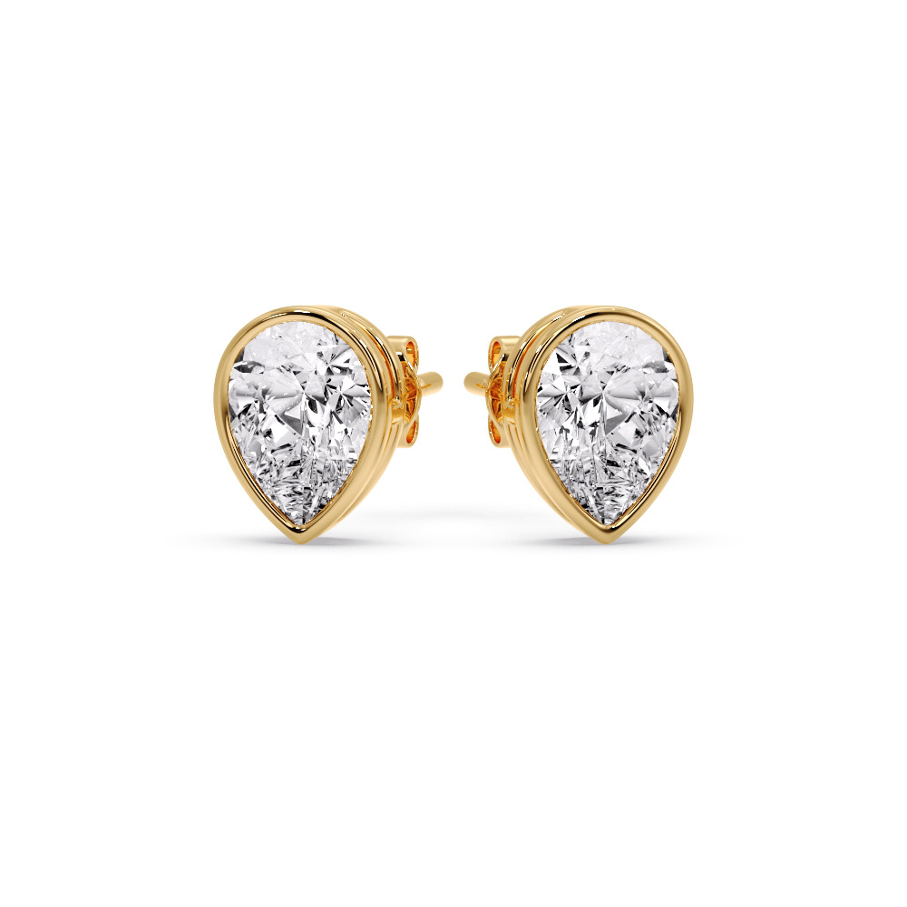 Pear Drop Stud Bezel Earring Diamond Four Carat with 14K Yellow Gold White Diamond