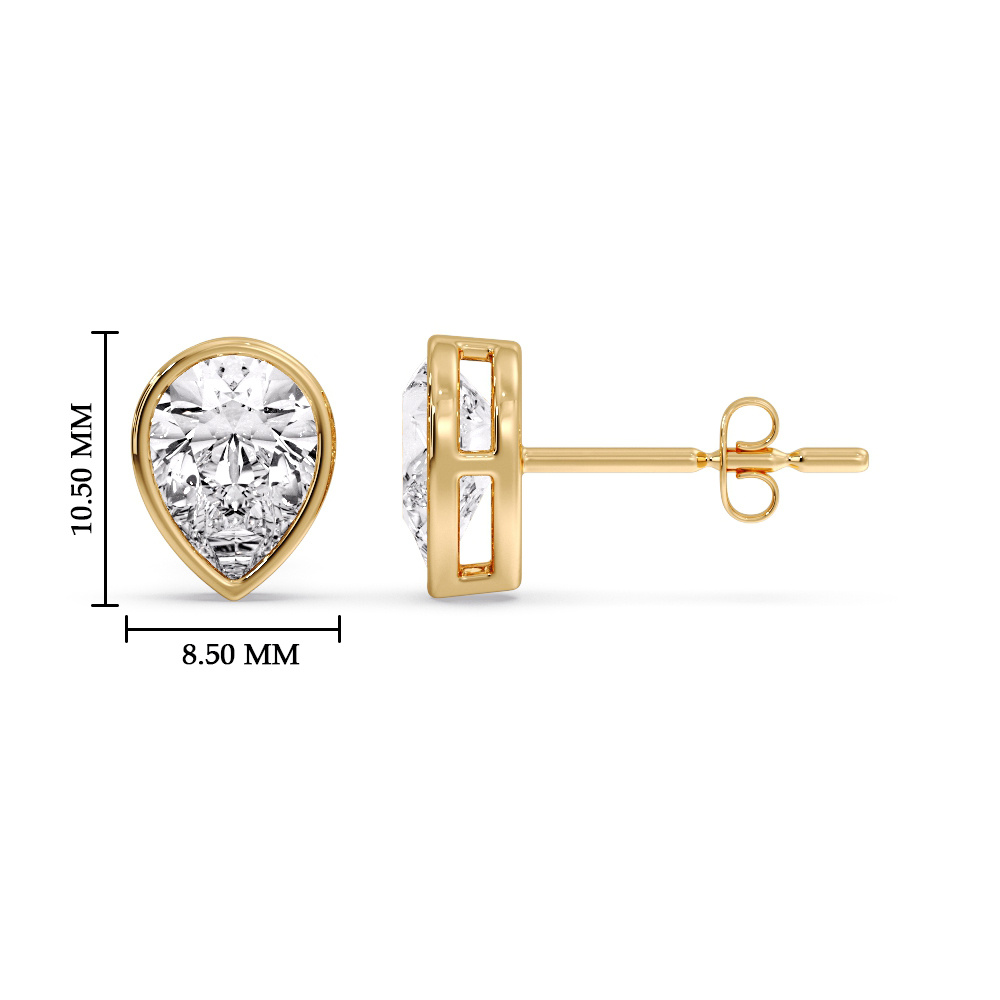 Pear Drop Stud Bezel Earring Diamond Four Carat with 14K Yellow Gold White Diamond