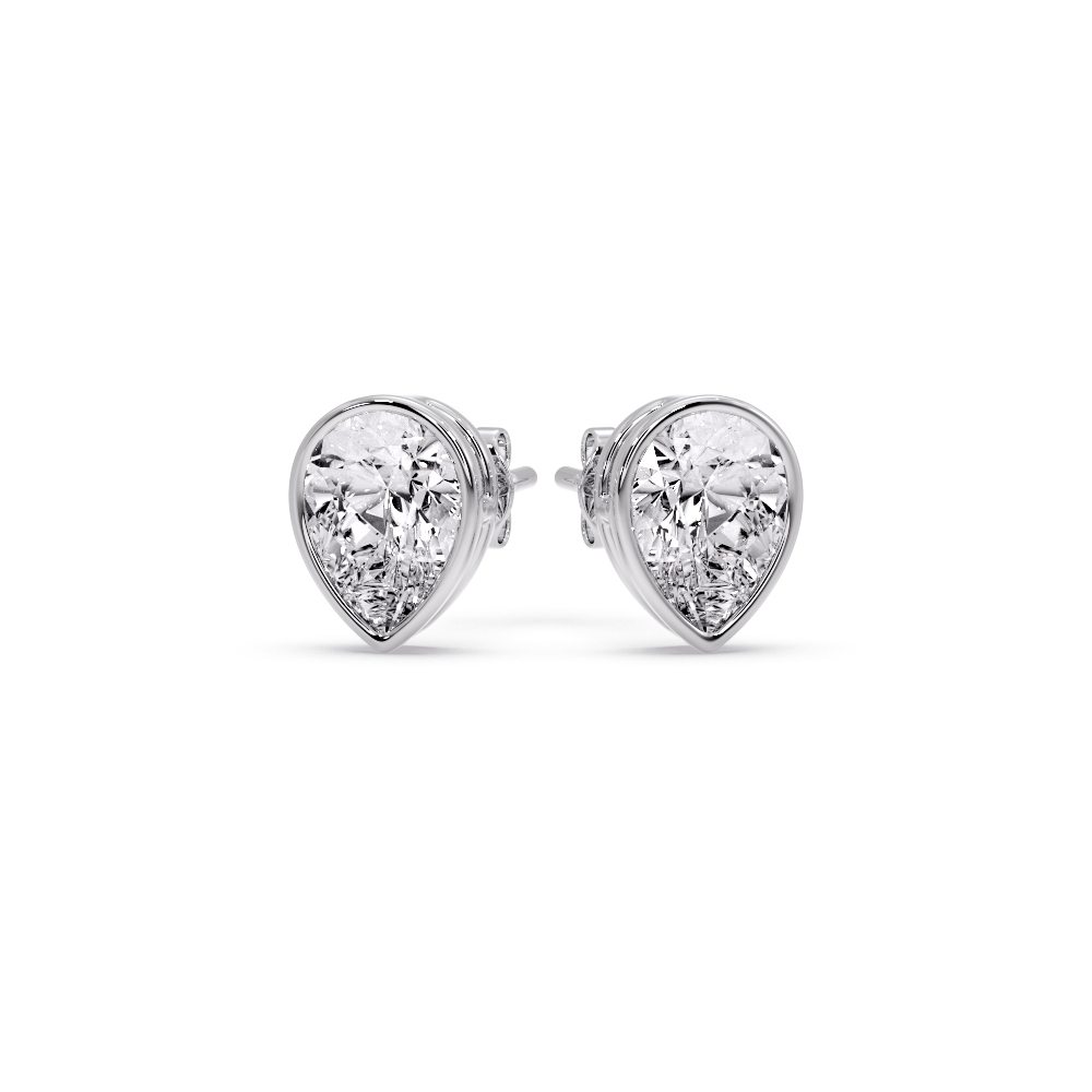 Pear Drop Stud Bezel Earring Diamond Two Carat with 14K White Gold White Diamond