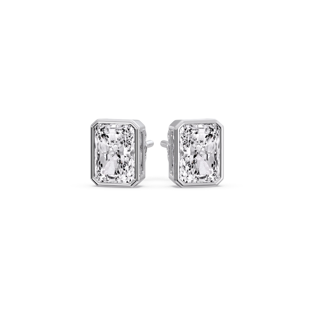 Gorgeous Radiant Diamond Bezel Studs with 14K White Gold White Diamond