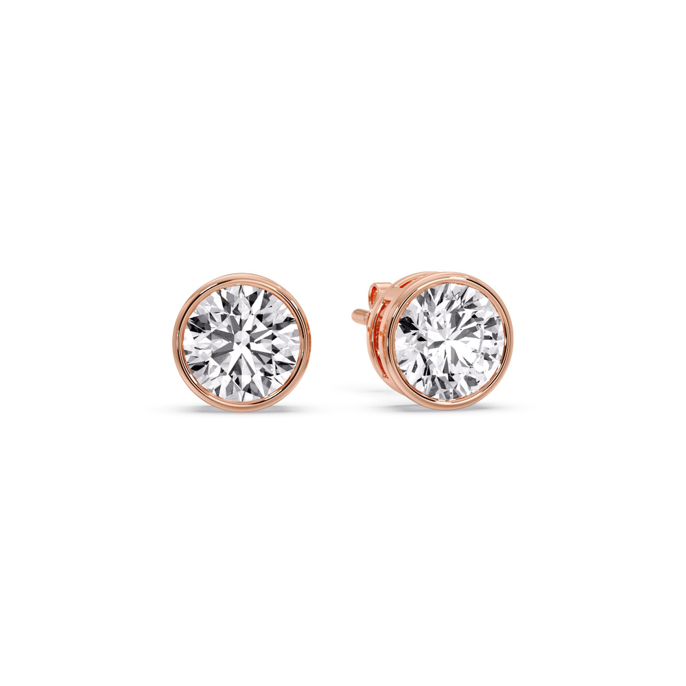 Round Stud Bezel Set Earring 3 Carat with 14K Rose Gold White Diamond