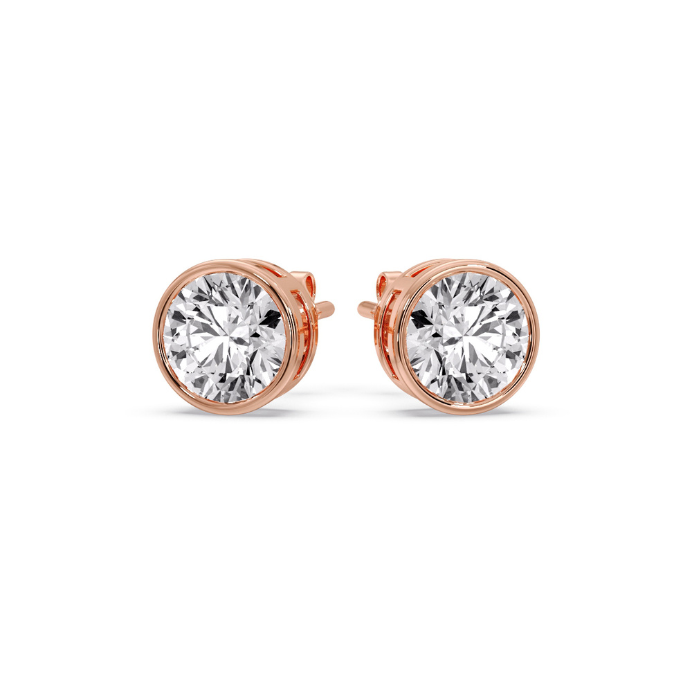 Round Stud Bezel Set Earring 5 Carat with 14K Rose Gold White Diamond