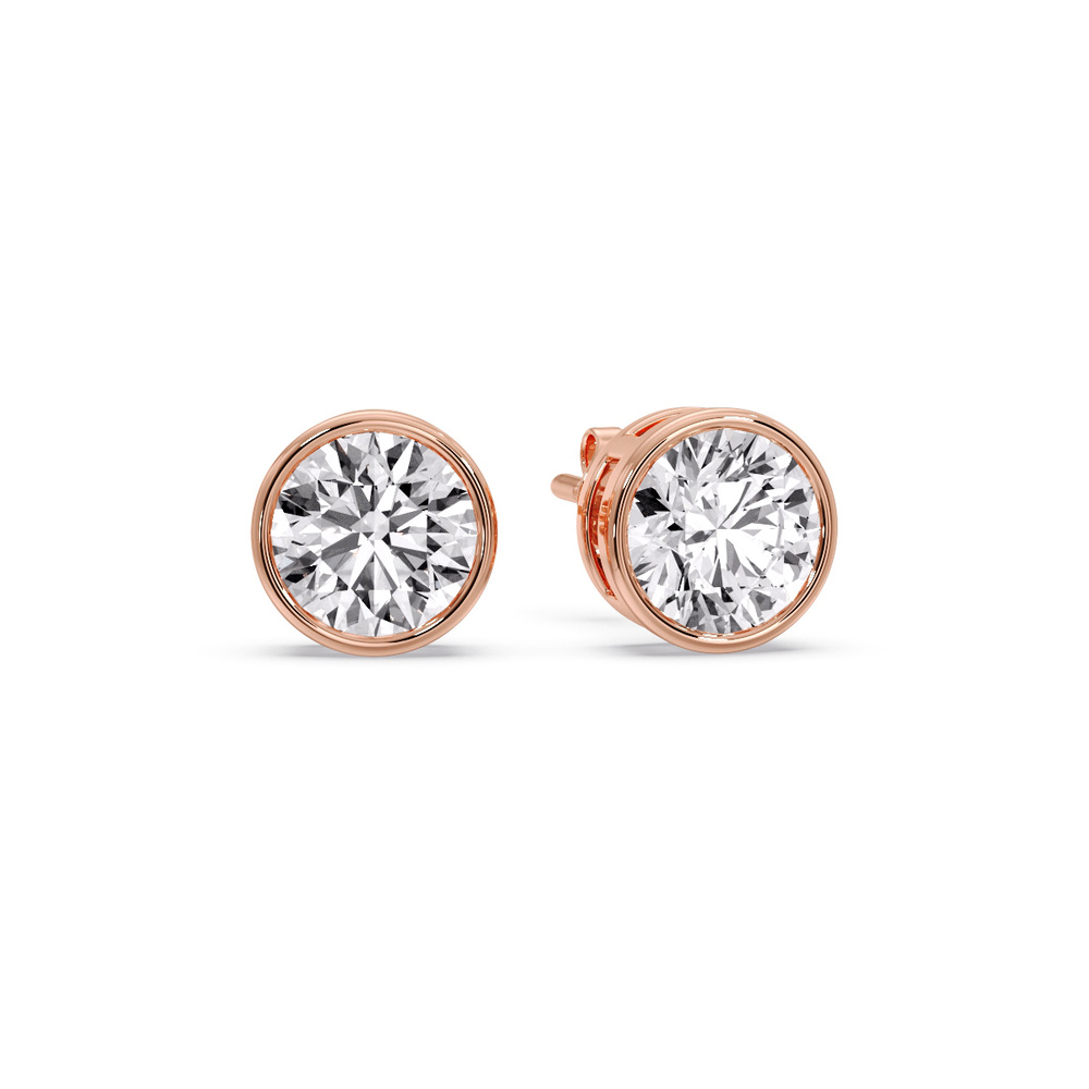 Round Stud Bezel Set Earring 5 Carat with 14K Rose Gold White Diamond