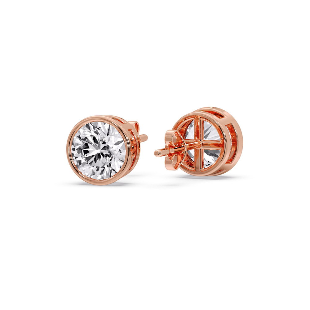 Round Stud Bezel Set Earring 5 Carat with 14K Rose Gold White Diamond
