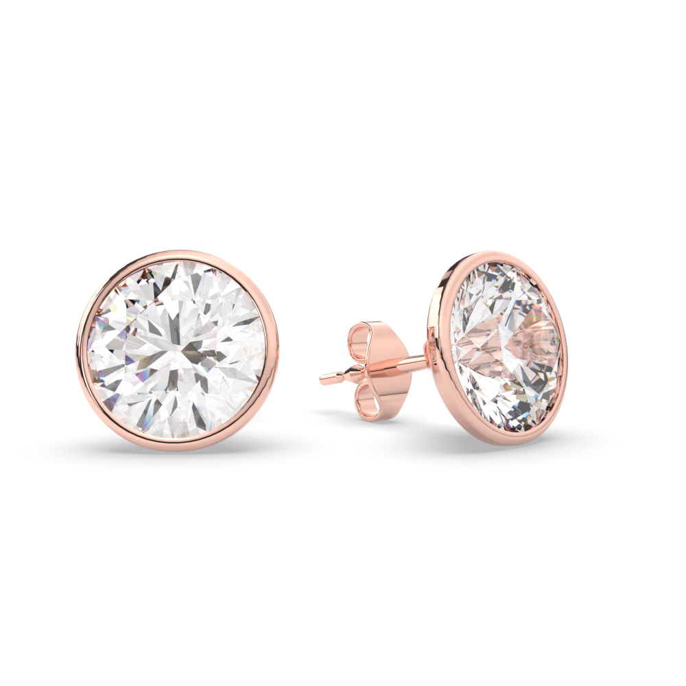 Round Stud Bezel Set Nine Carat Earring with 14K Rose Gold White Diamond
