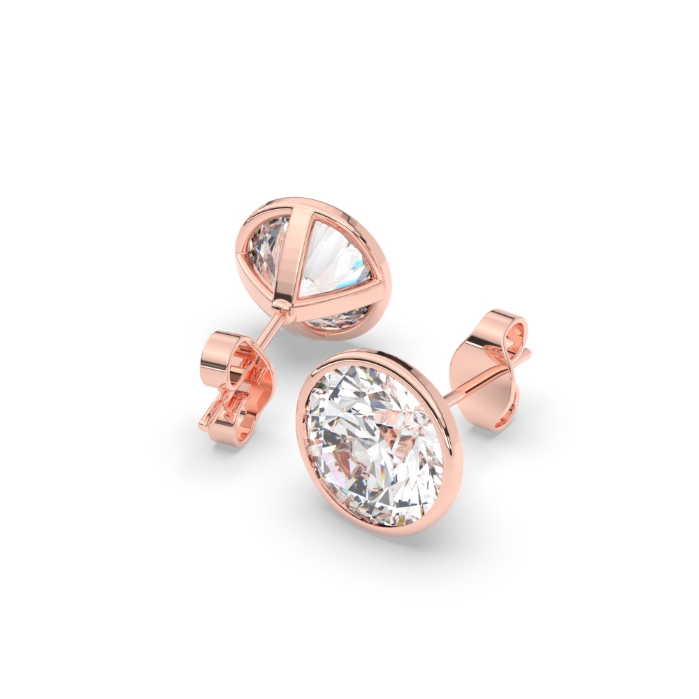 Round Stud Bezel Set Nine Carat Earring with 14K Rose Gold White Diamond