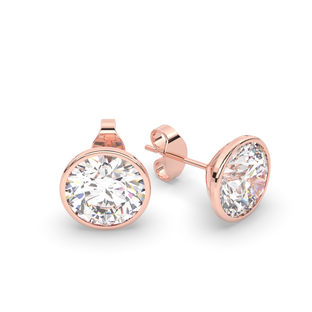 Round Stud Bezel Set Nine Carat Earring with 14K Rose Gold White Diamond