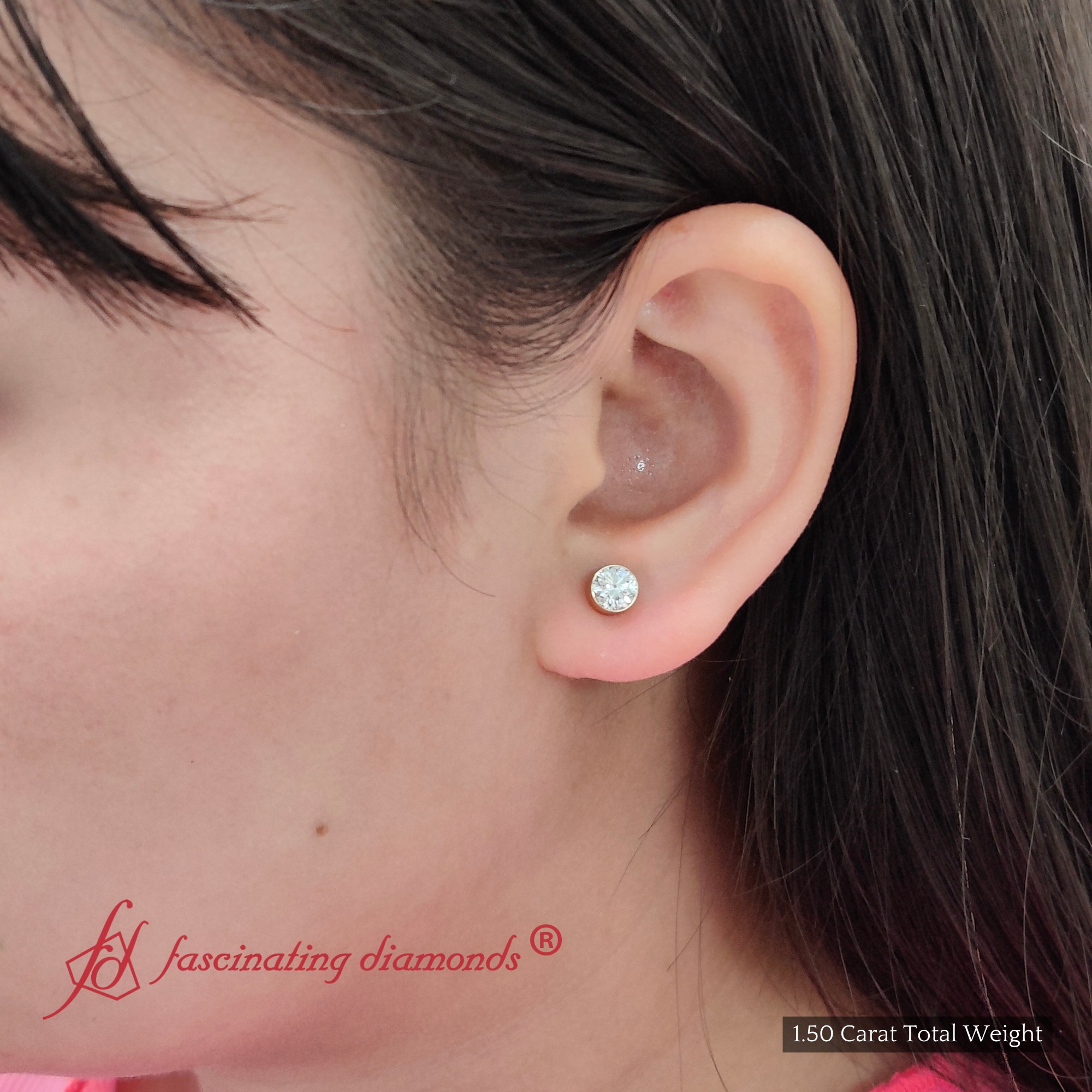 Round Stud Bezel Set 1.50 Carat Earring with 14K Yellow Gold White Diamond