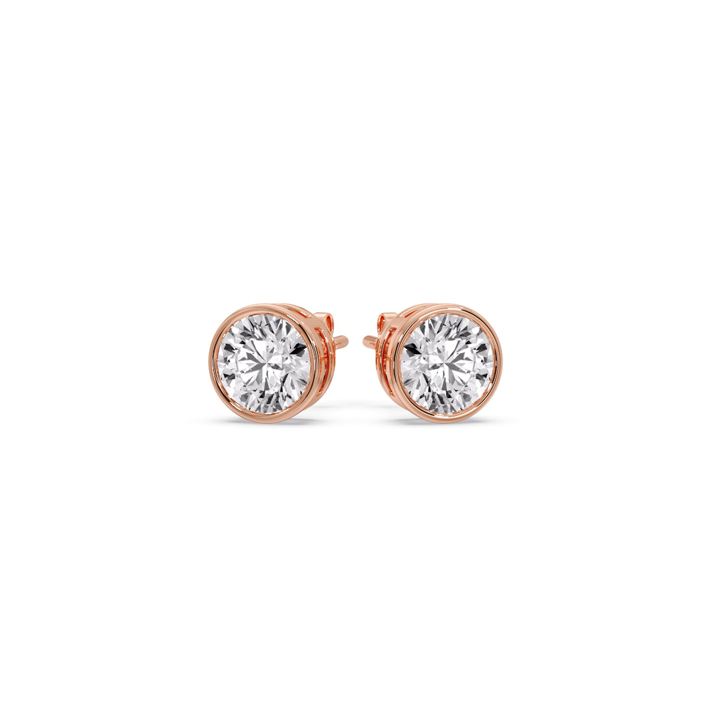 Round Stud Bezel Set One Carat Earring with 14K Rose Gold White Diamond