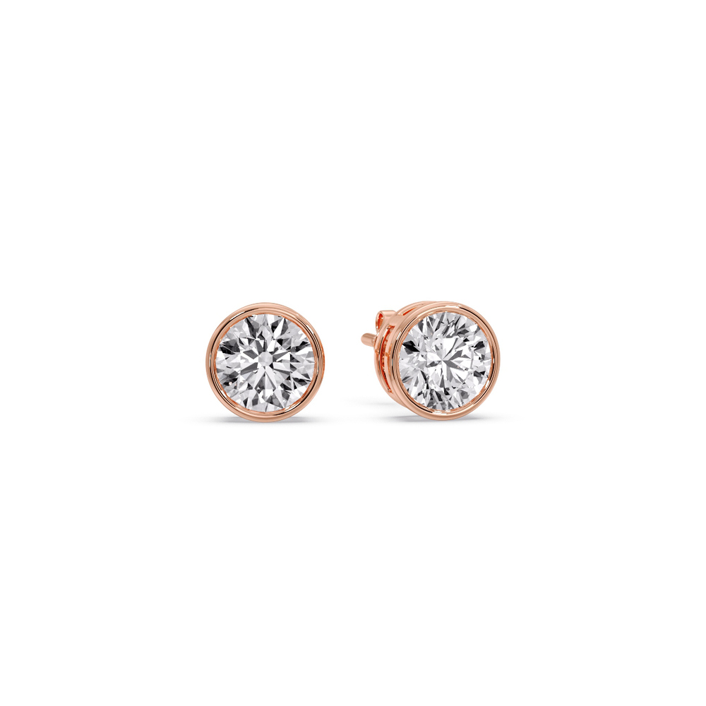 Round Stud Bezel Set One Carat Earring with 14K Rose Gold White Diamond