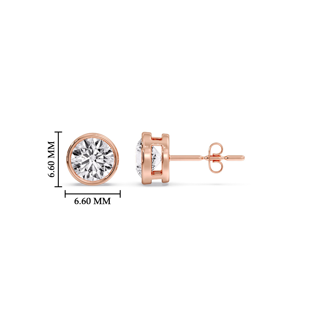 Round Stud Bezel Set One Carat Earring with 14K Rose Gold White Diamond