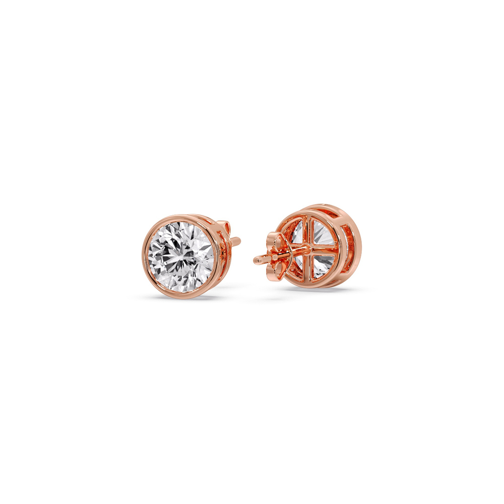 Round Stud Bezel Set One Carat Earring with 14K Rose Gold White Diamond