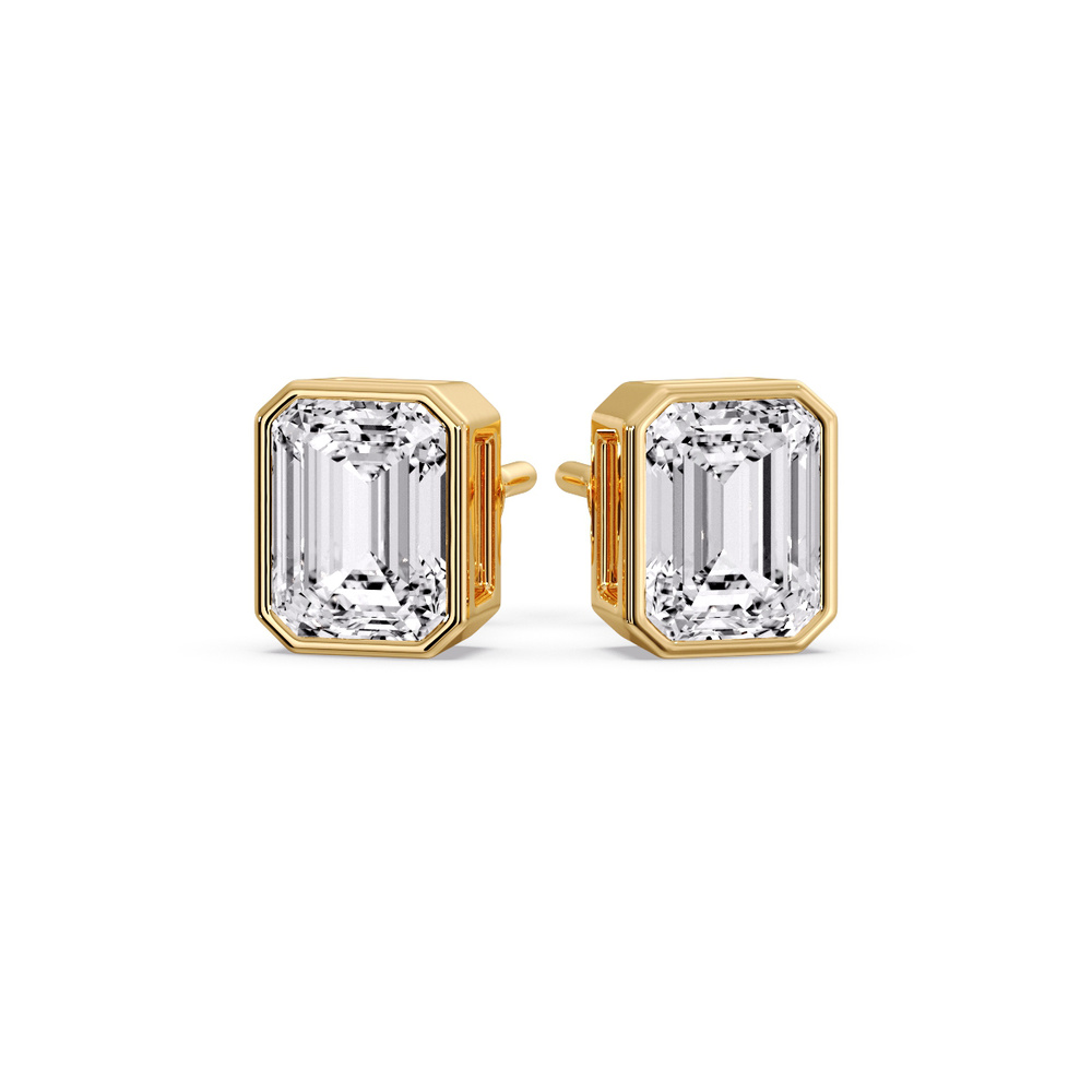 Stud Earring Emerald Diamond Bezel 3 Carat with 14K Yellow Gold White Diamond