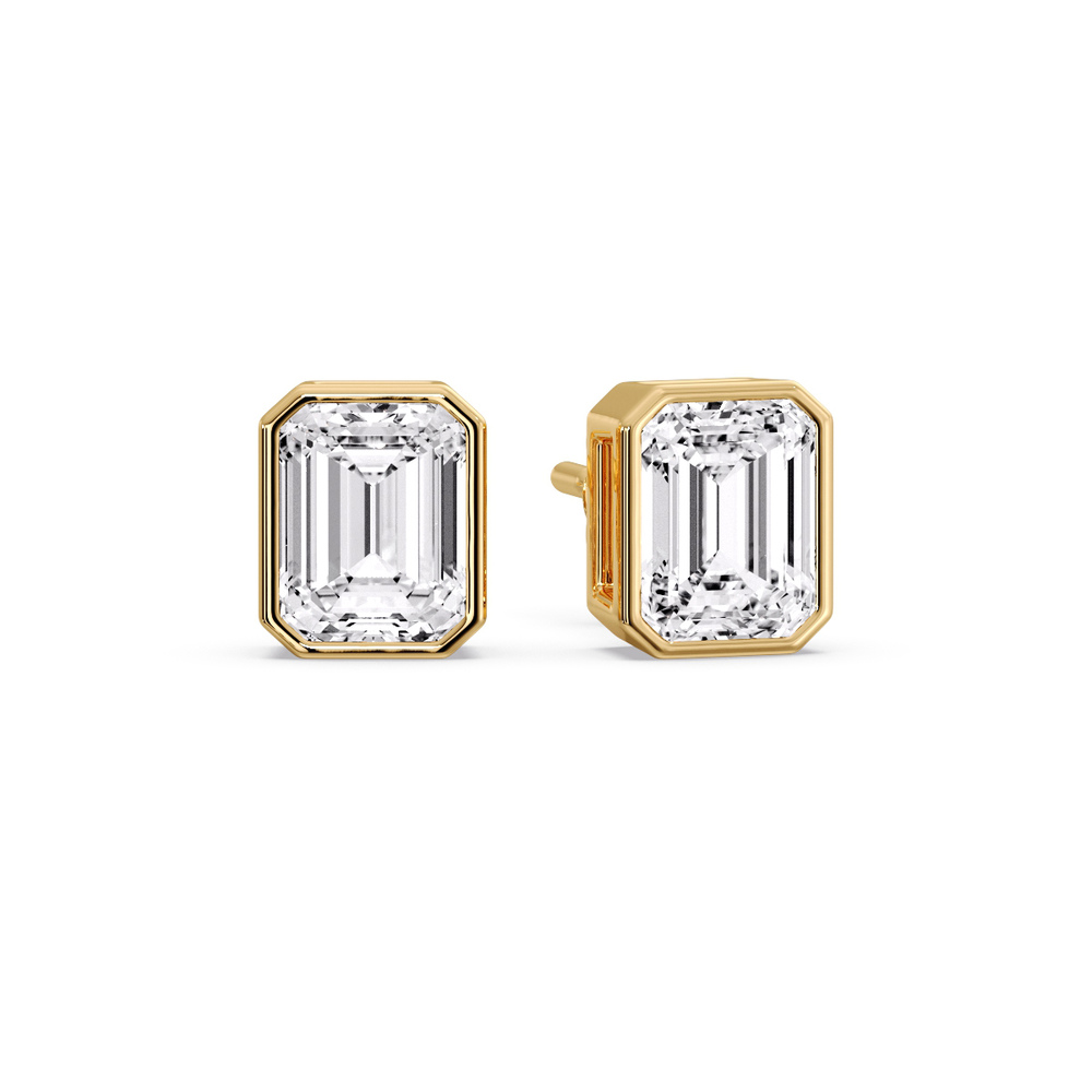 Stud Earring Emerald Diamond Bezel 3 Carat with 14K Yellow Gold White Diamond
