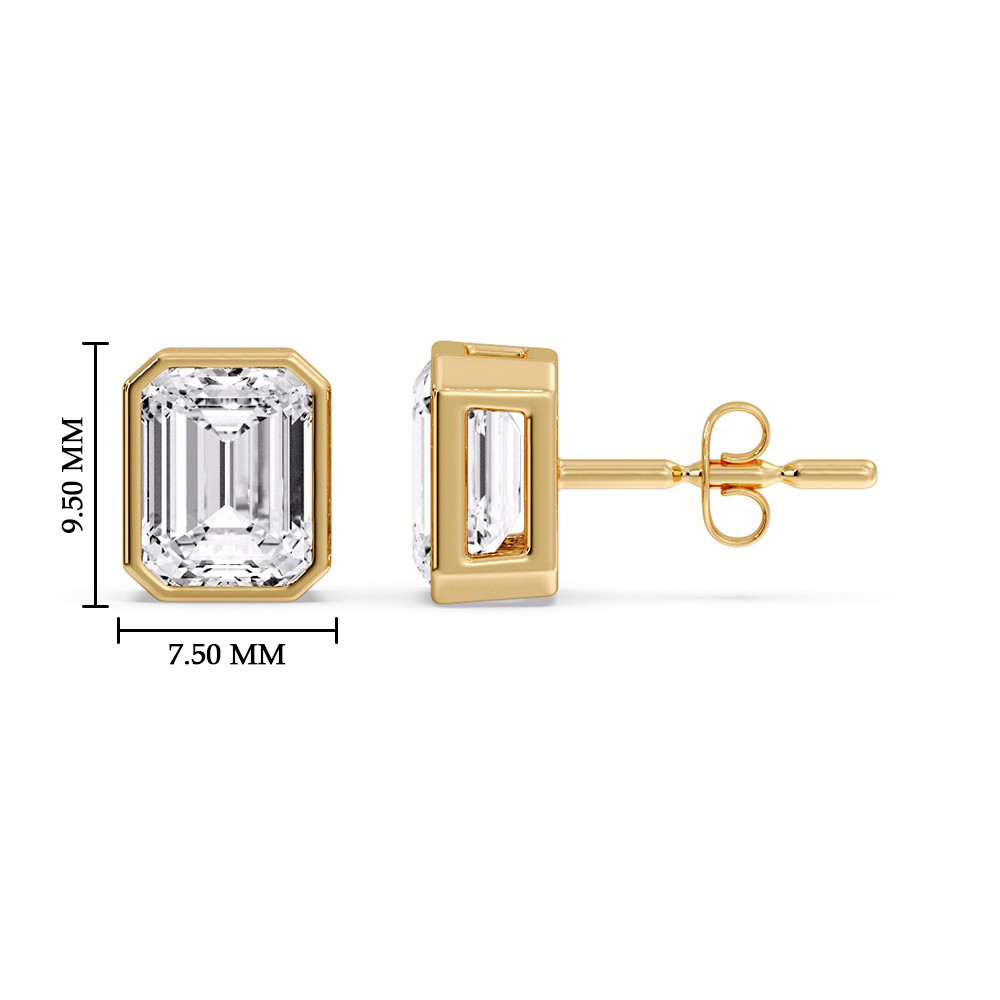 Stud Earring Emerald Diamond Bezel 3 Carat with 14K Yellow Gold White Diamond