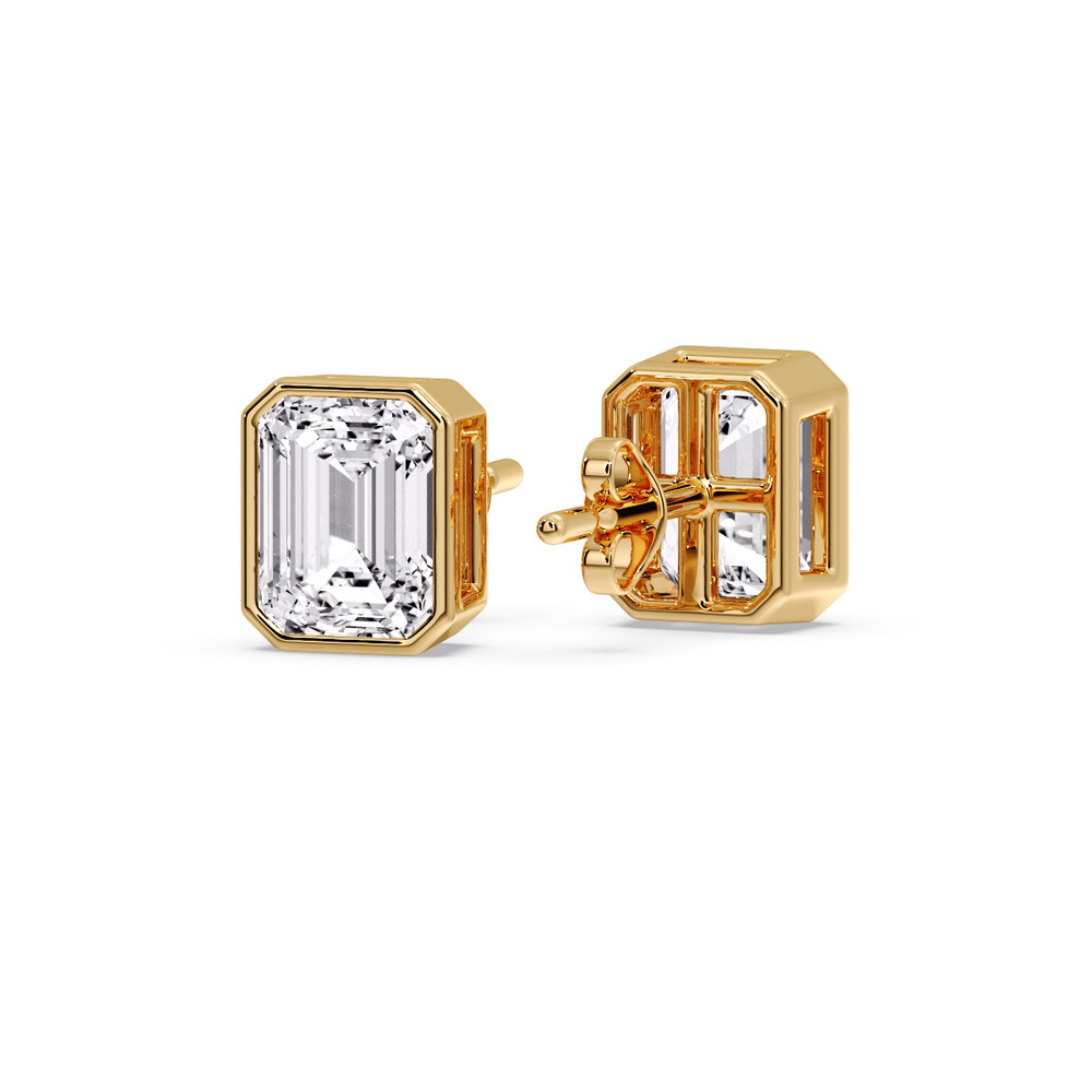 Stud Earring Emerald Diamond Bezel 3 Carat with 14K Yellow Gold White Diamond