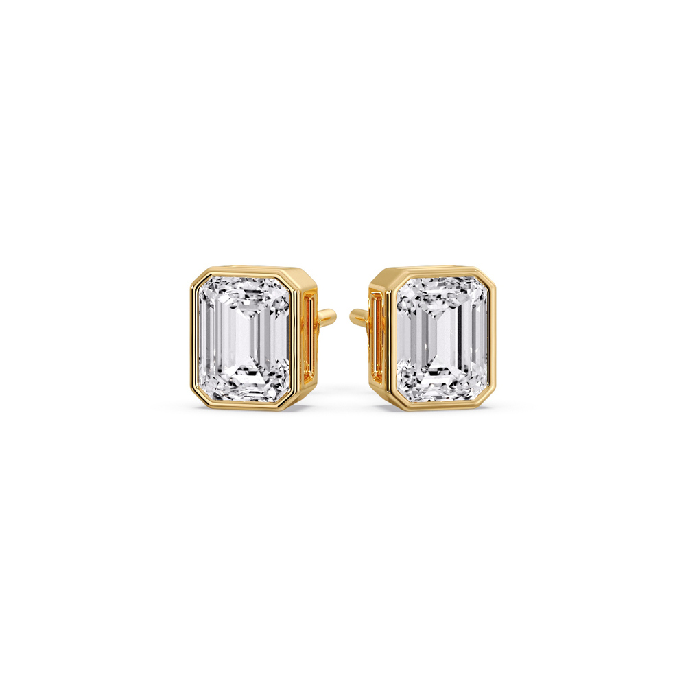Stud Earring Emerald Diamond Bezel One Carat with 14K Yellow Gold White Diamond