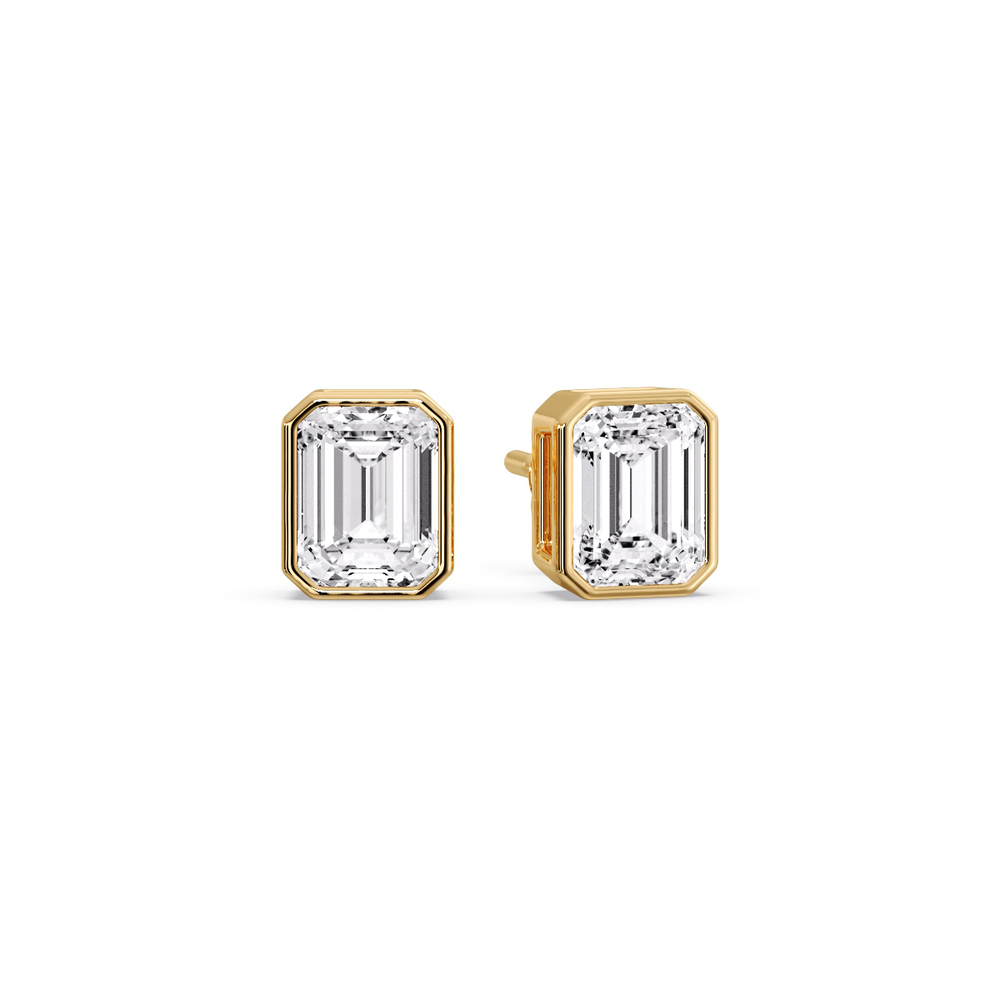 Stud Earring Emerald Diamond Bezel One Carat with 14K Yellow Gold White Diamond