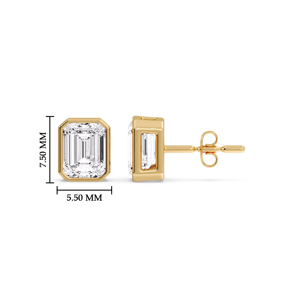 Stud Earring Emerald Diamond Bezel One Carat with 14K Yellow Gold White Diamond