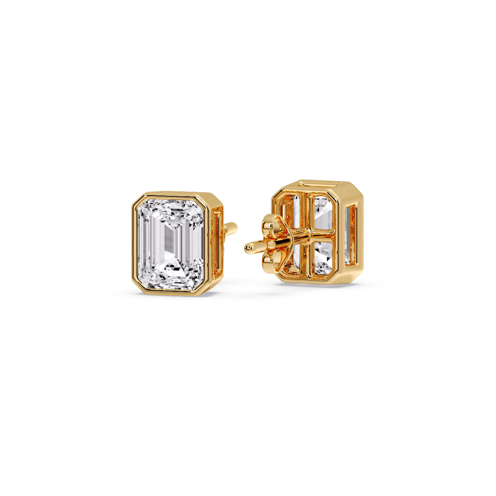 Stud Earring Emerald Diamond Bezel One Carat with 14K Yellow Gold White Diamond