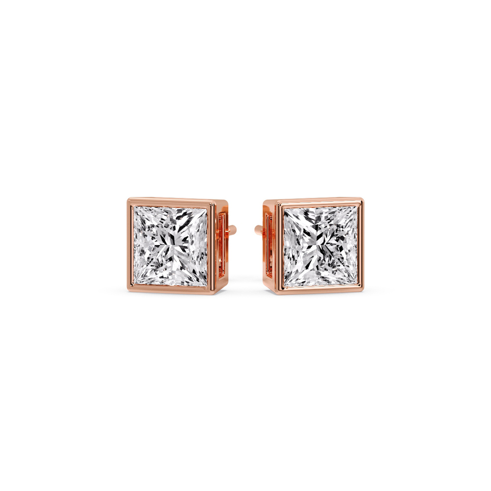 Elegant Princess Bezel Studs with 14K Rose Gold White Diamond