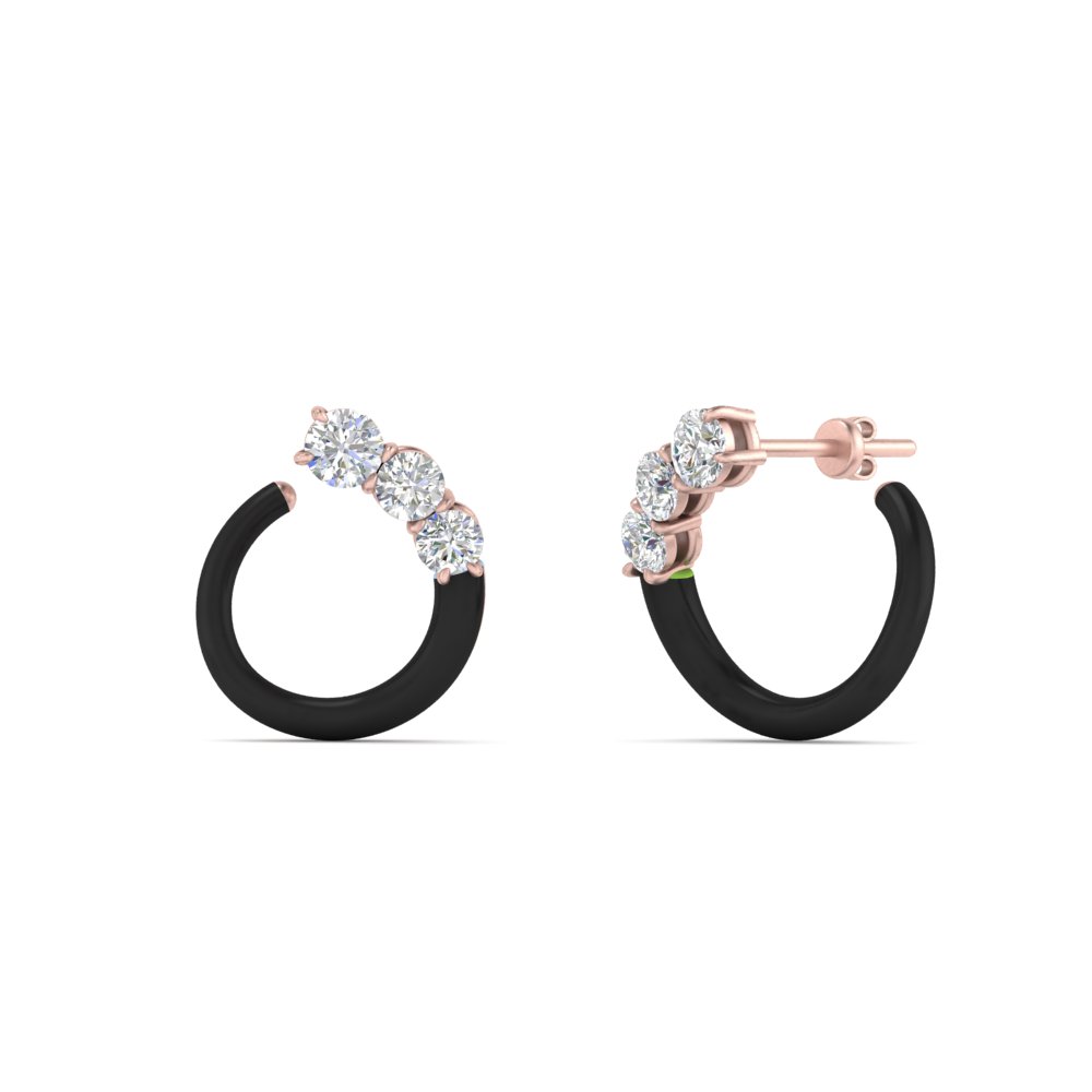 Half Moon Stud Earring Black Enamel with 14K Rose Gold White Diamond
