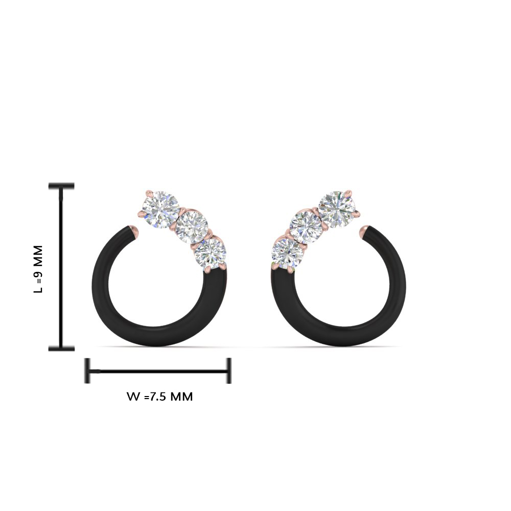 Half Moon Stud Earring Black Enamel with 14K Rose Gold White Diamond