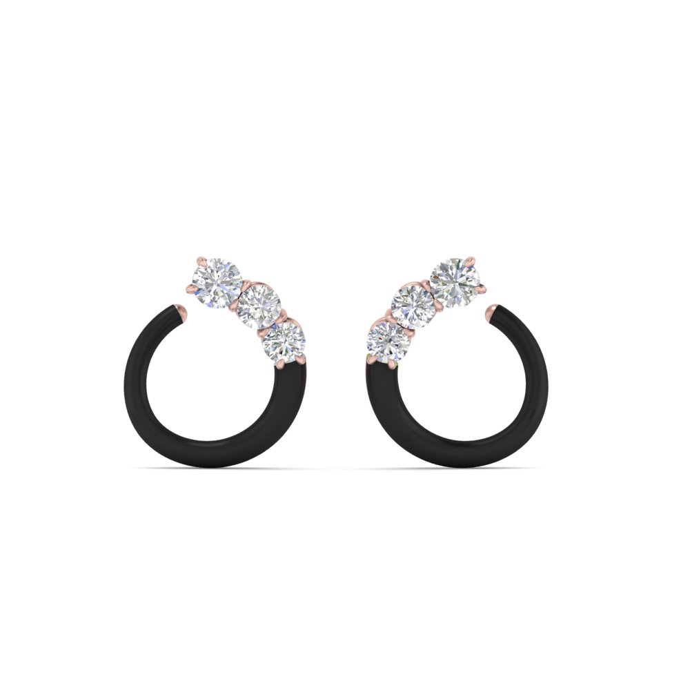 Half Moon Stud Earring Black Enamel with 14K Rose Gold White Diamond