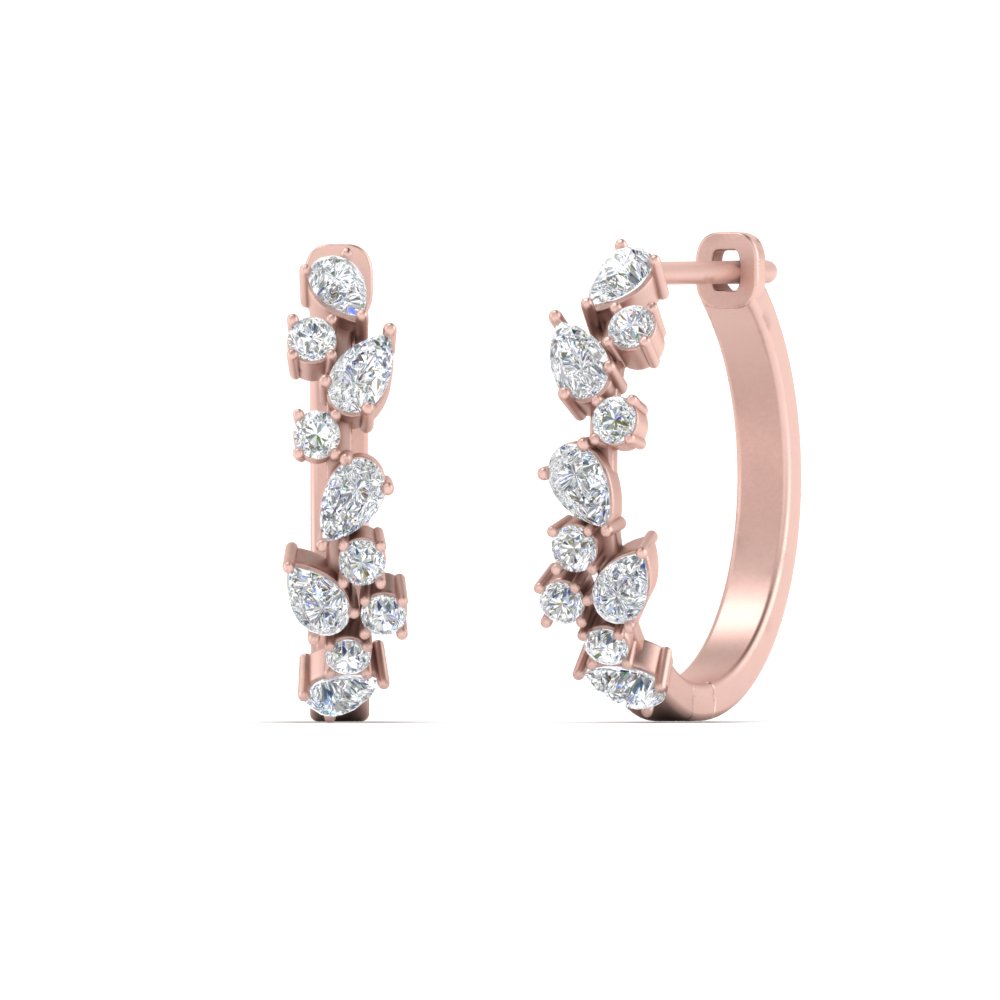 Multi Floating Diamond Huggie Hoop Earring with 14K Rose Gold White Diamond