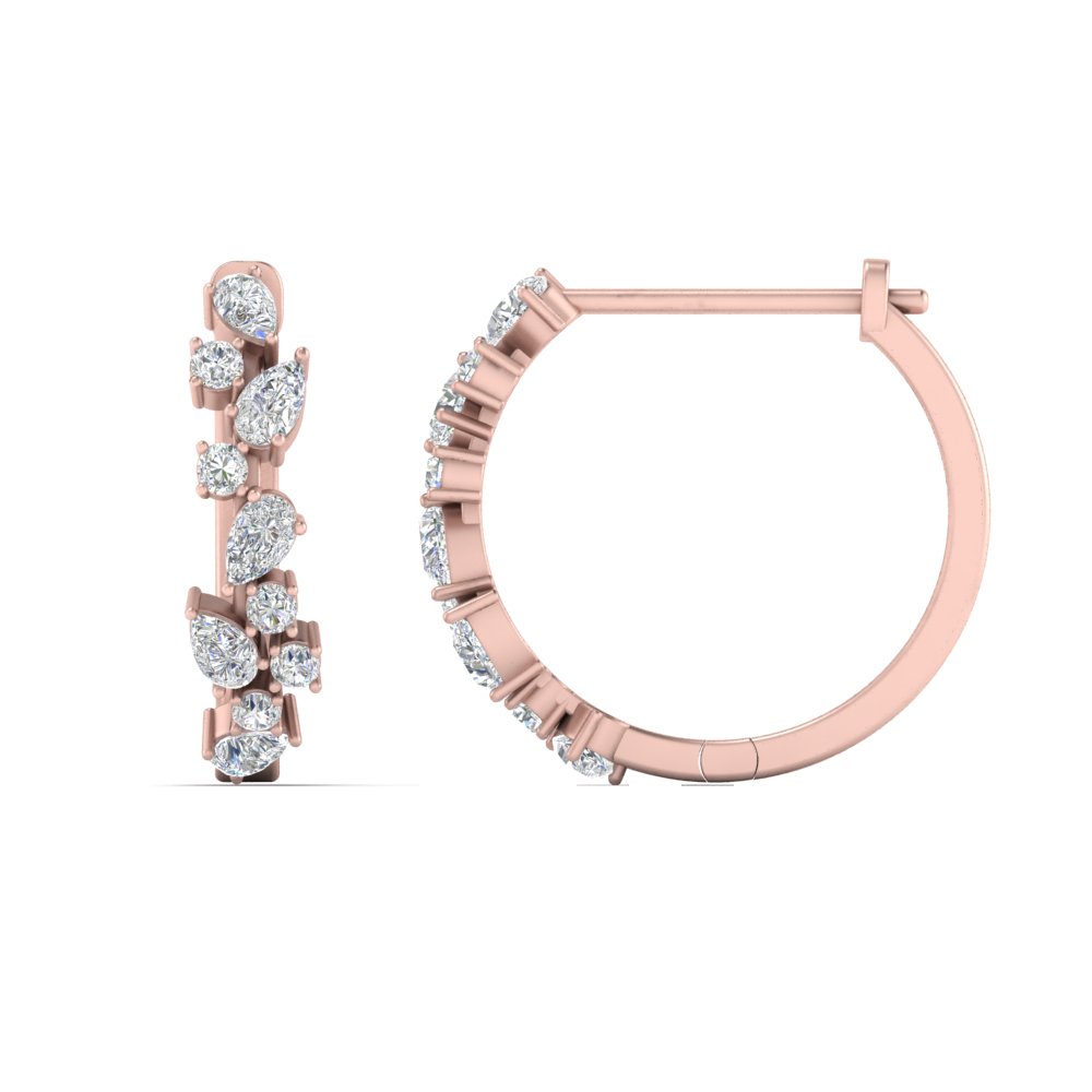 Multi Floating Diamond Huggie Hoop Earring with 14K Rose Gold White Diamond