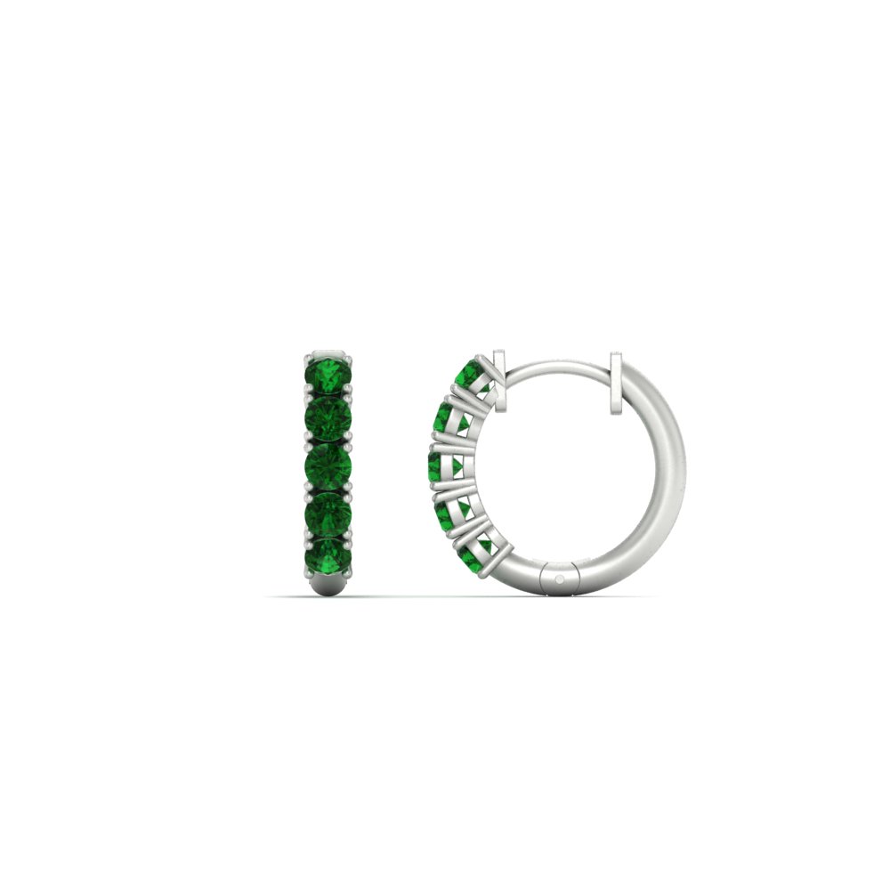 Half Carat Huggie Hoop Gemstone Earrings with Green Emerald in 14K White Gold