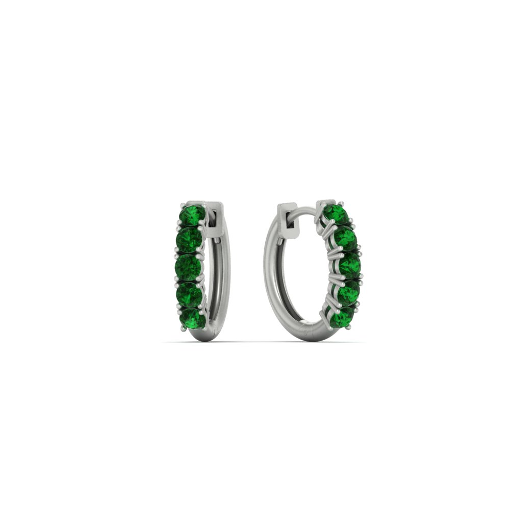 Half Carat Huggie Hoop Gemstone Earrings with Green Emerald in 14K White Gold