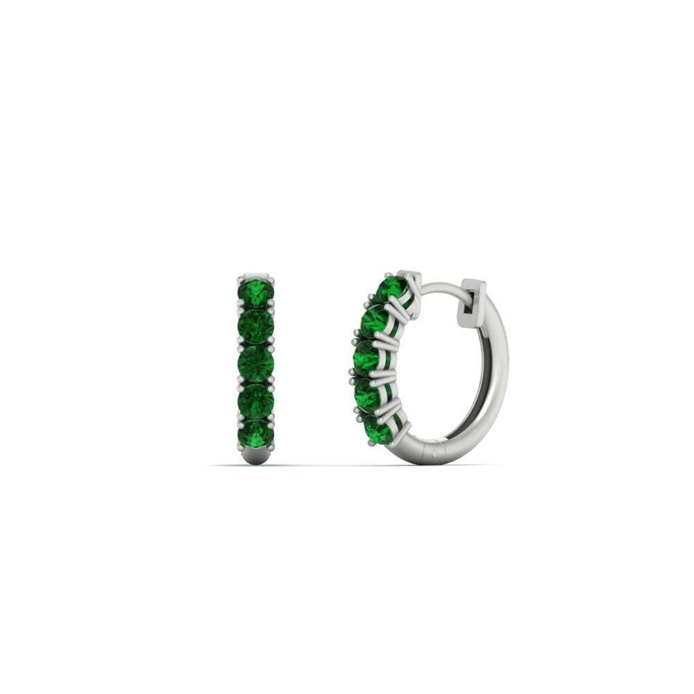 Half Carat Huggie Hoop Gemstone Earrings with Green Emerald in 14K White Gold