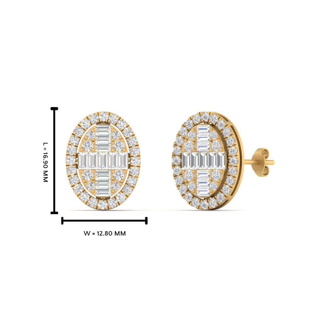 Oval Shaped Baguette Diamond Stud Earrings with 14K Yellow Gold White Diamond