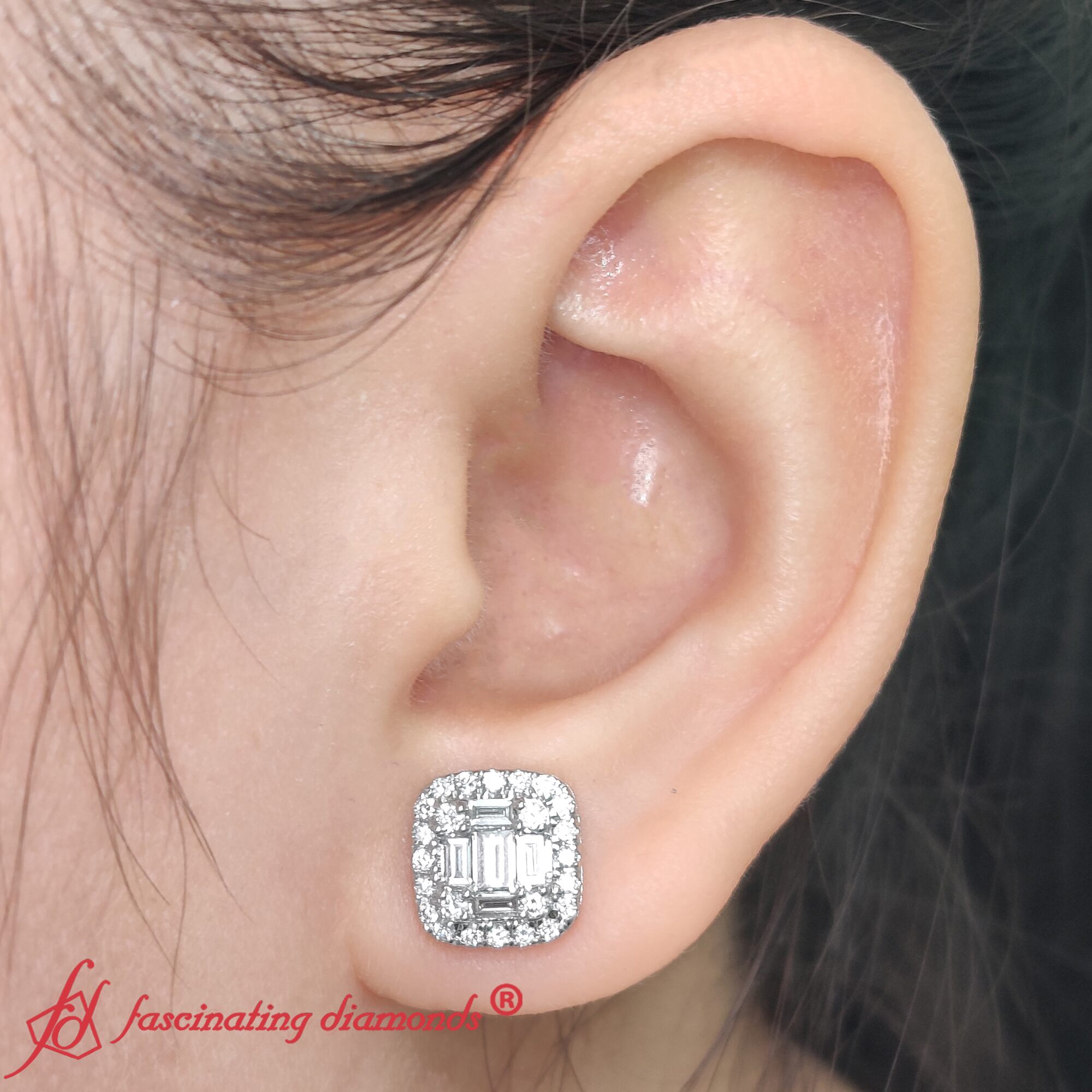 Baguette And Round Emerald Diamond Studs with 14K White Gold White Diamond