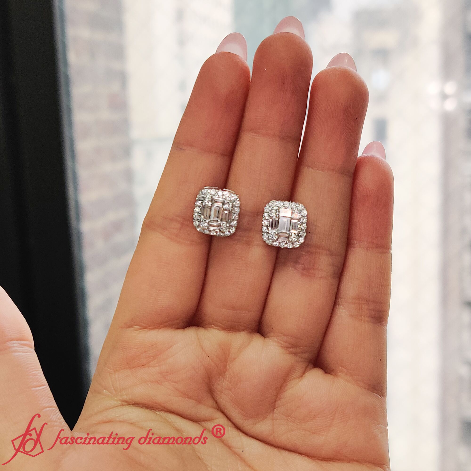 Baguette And Round Emerald Diamond Studs with 14K White Gold White Diamond
