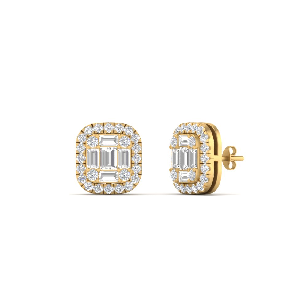 baguette and round emerald diamond studs in FDEAR10838 NL YG